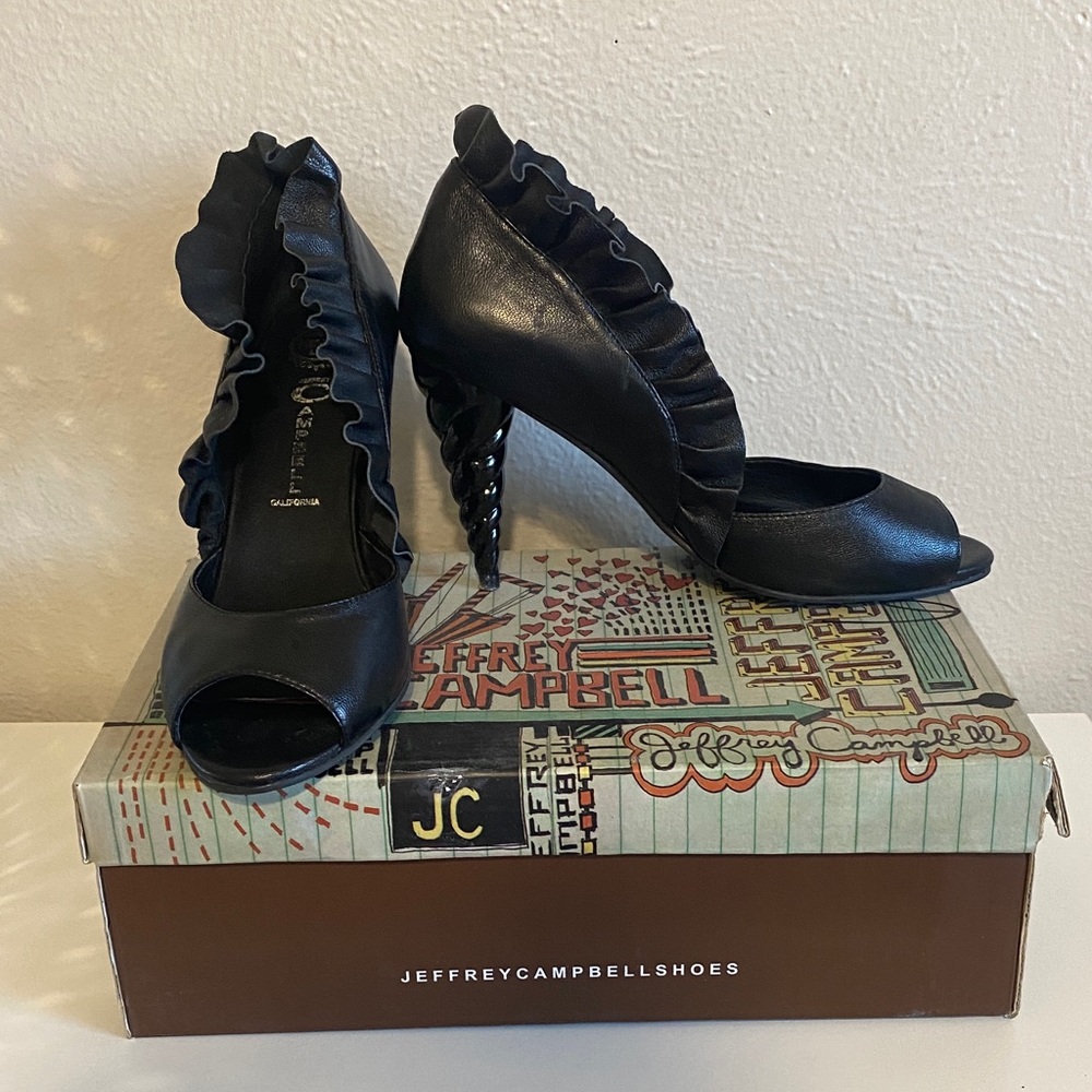 Jeffrey Campbell Black Ruffle Peep-Toe Heels with unicorn horn heel
